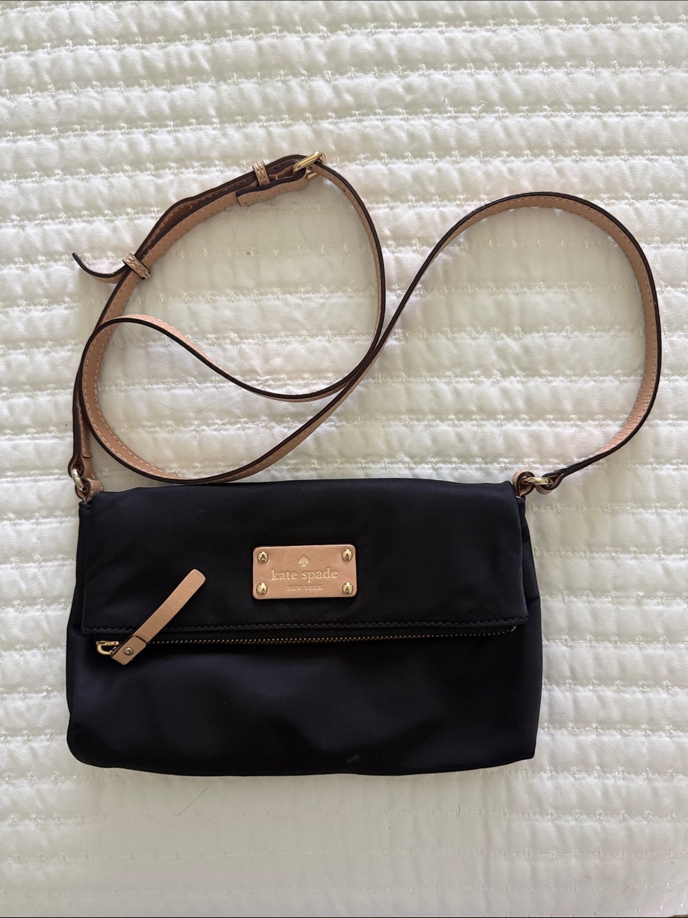 Kate Spade Black Crossbody Bag with Tan Strap and Gold Hardware